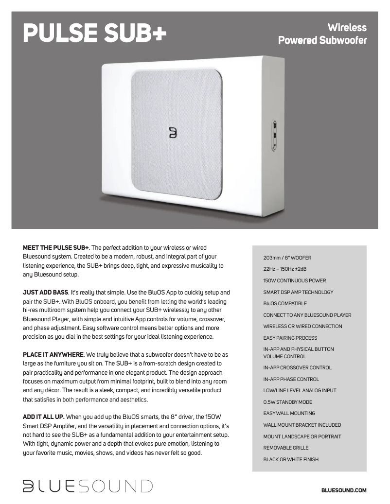 Página 1 del manual Ficha técnica Bluesound Pulse Sub+