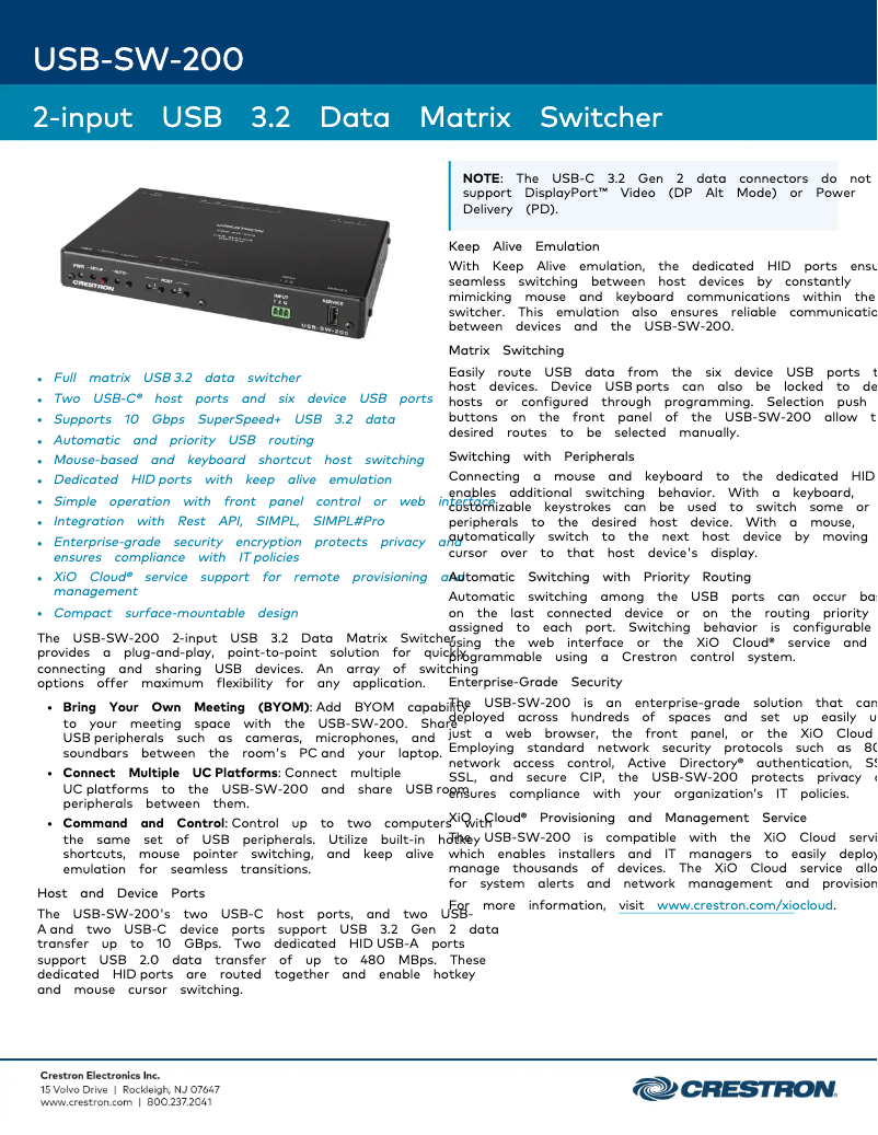 Página 1 del manual Ficha técnica Crestron USB-SW-200