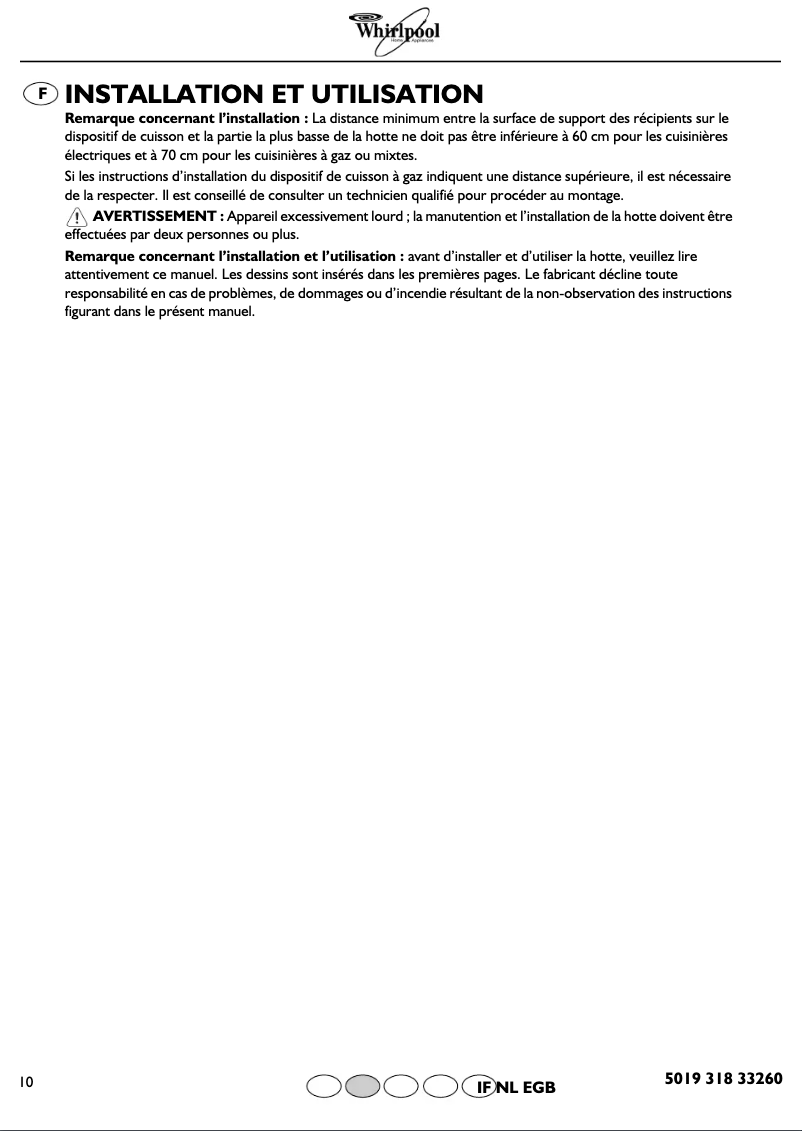 Page 1 de la notice Manuel utilisateur Whirlpool AKR 441