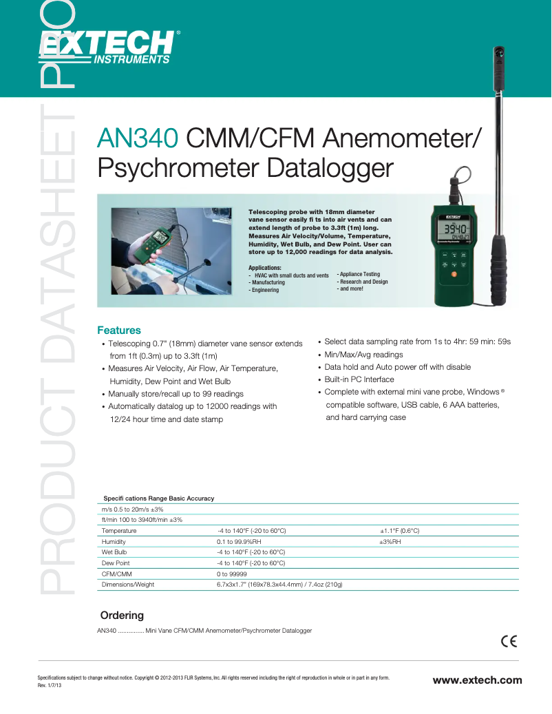 Page 1 de la notice Fiche technique Extech AN340
