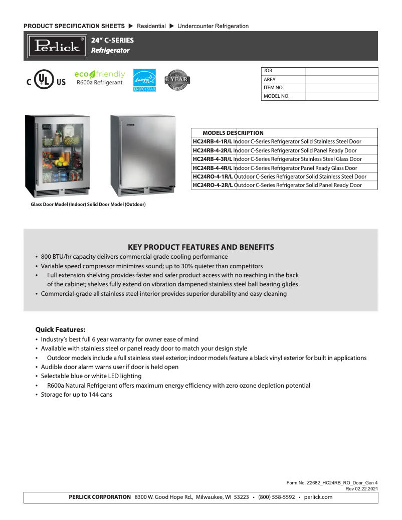 Page 1 de la notice Fiche technique Perlick HC24RB-4-2R