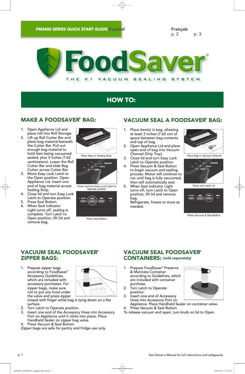 Page 1 de la notice Guide de démarrage rapide FoodSaver FM2435