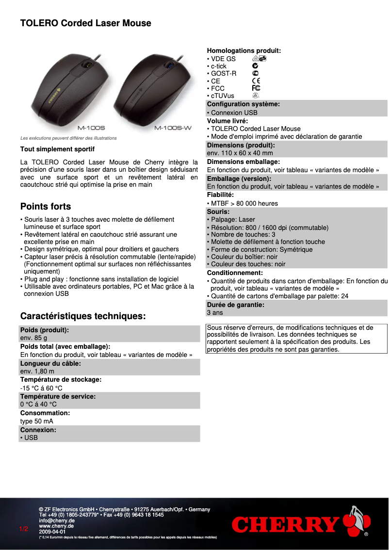 Page 1 de la notice Fiche technique Cherry TOLERO