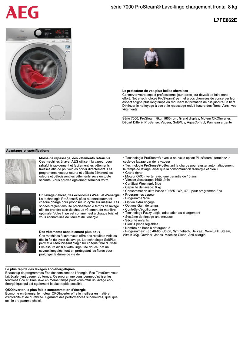 Page 1 de la notice Fiche technique AEG L7FE862E