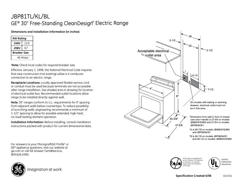 Page n°1 - Fiche technique GE JBP81TLWW