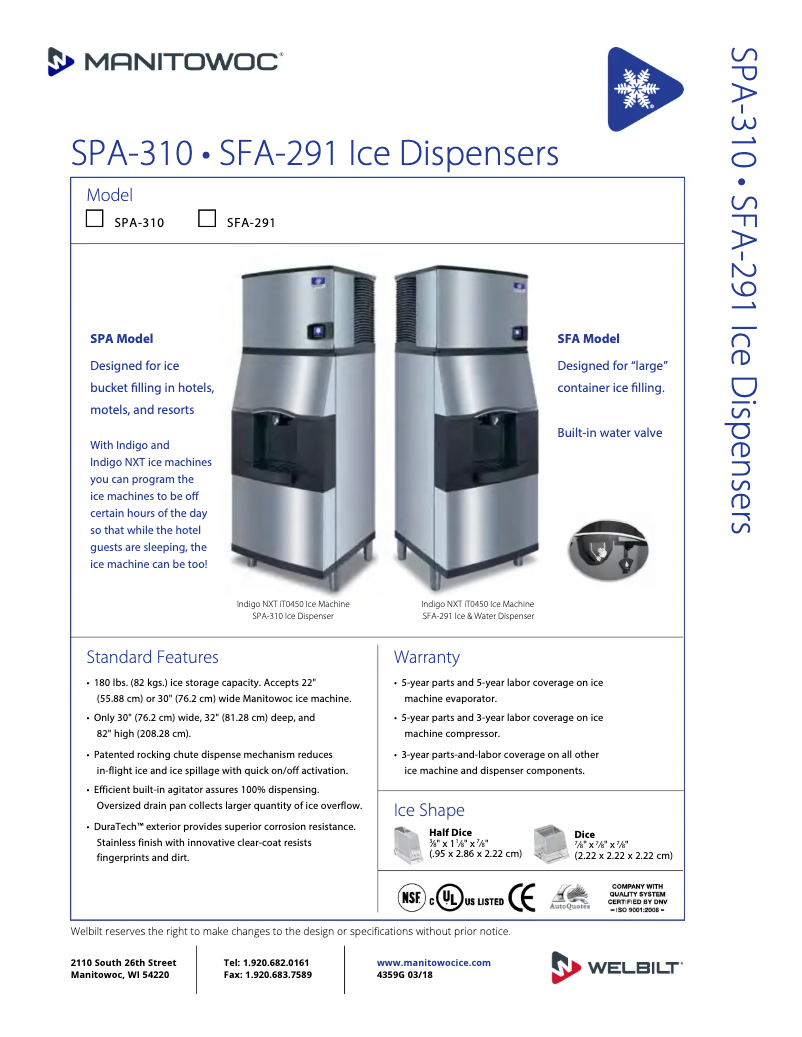 Page 1 de la notice Fiche technique Manitowoc SPA-310