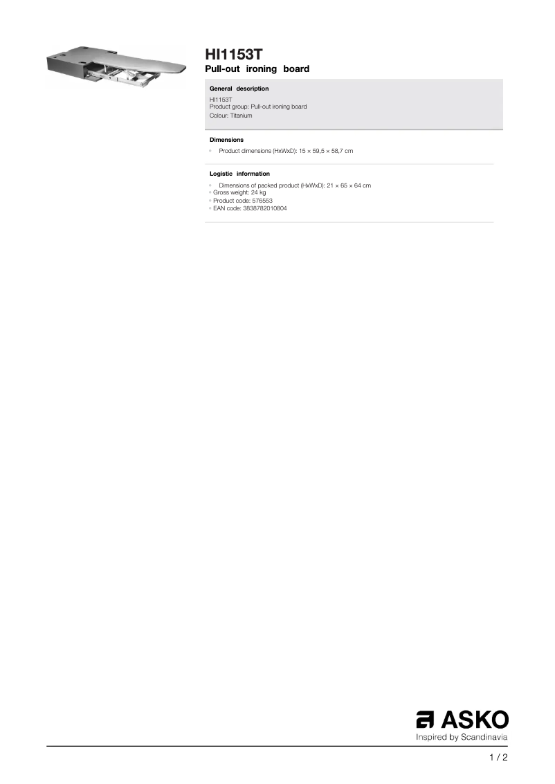 Page 1 de la notice Fiche technique Asko HI1153T