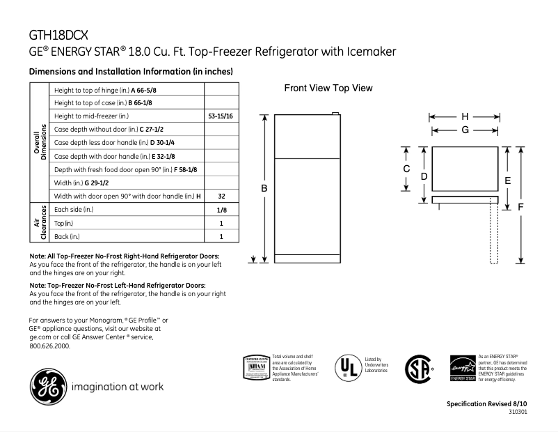 Página 1 del manual Ficha técnica GE GTH18DCXLWW