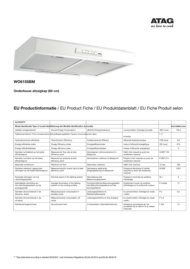 Page 1 de la notice Fiche technique Atag WO6155BM