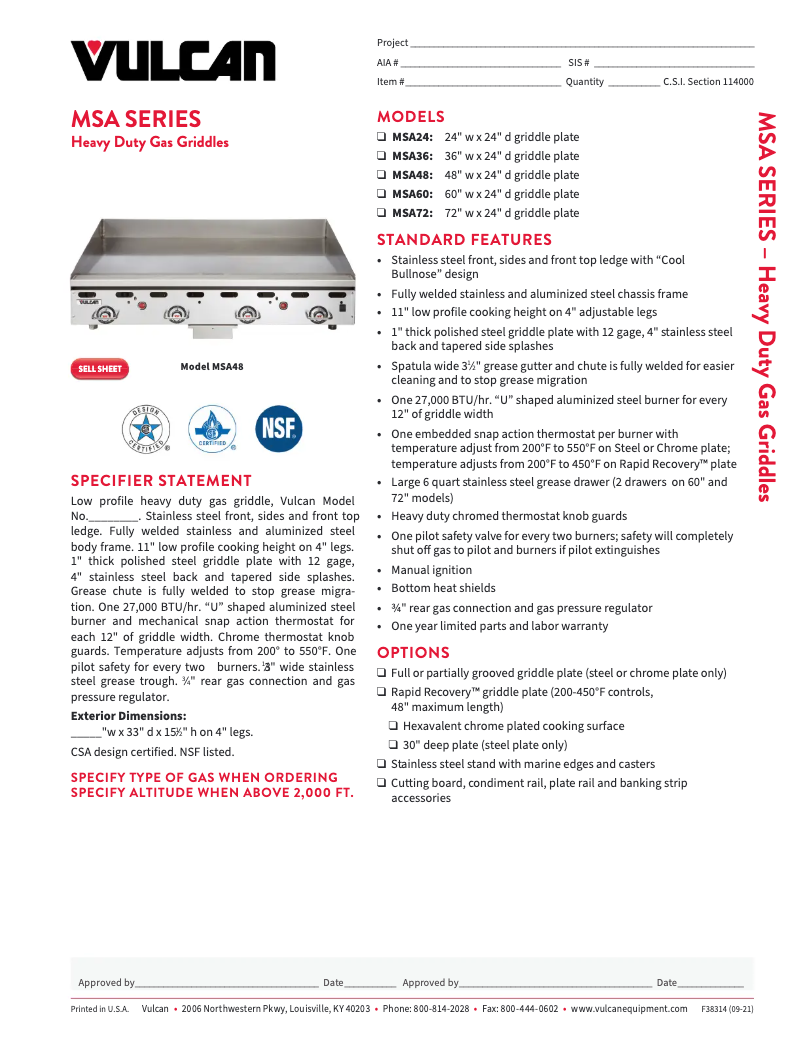 Page 1 de la notice Fiche technique Vulcan MSA48