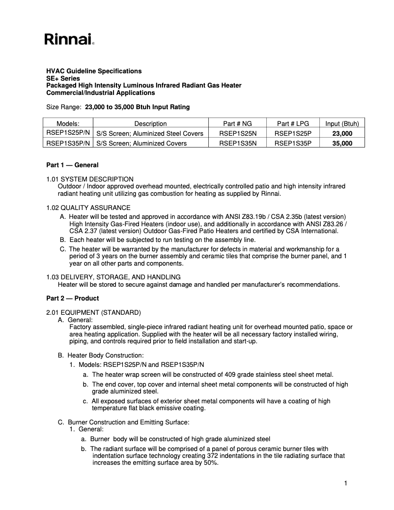 Page 1 de la notice Fiche technique Rinnai RSEP1S35P
