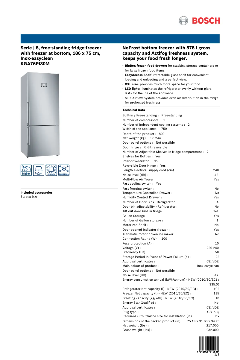Page 1 of the manual Technical Sheet Bosch KGA76PI30M