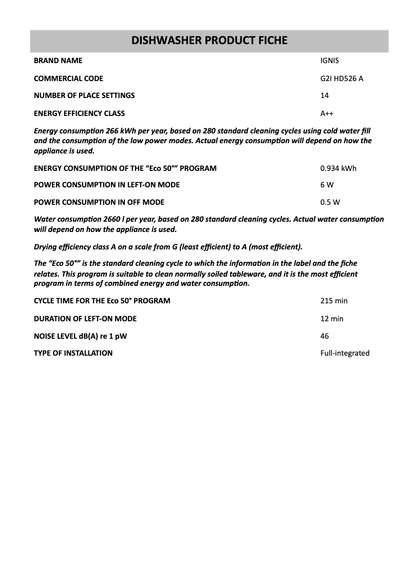 Page 1 de la notice Fiche technique Ignis G2I HD526 A