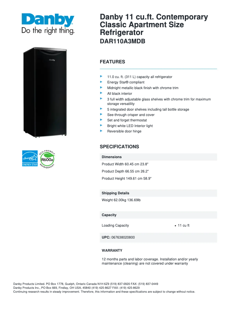 Page 1 de la notice Fiche technique Danby Contemporary Classic DAR110A3MDB