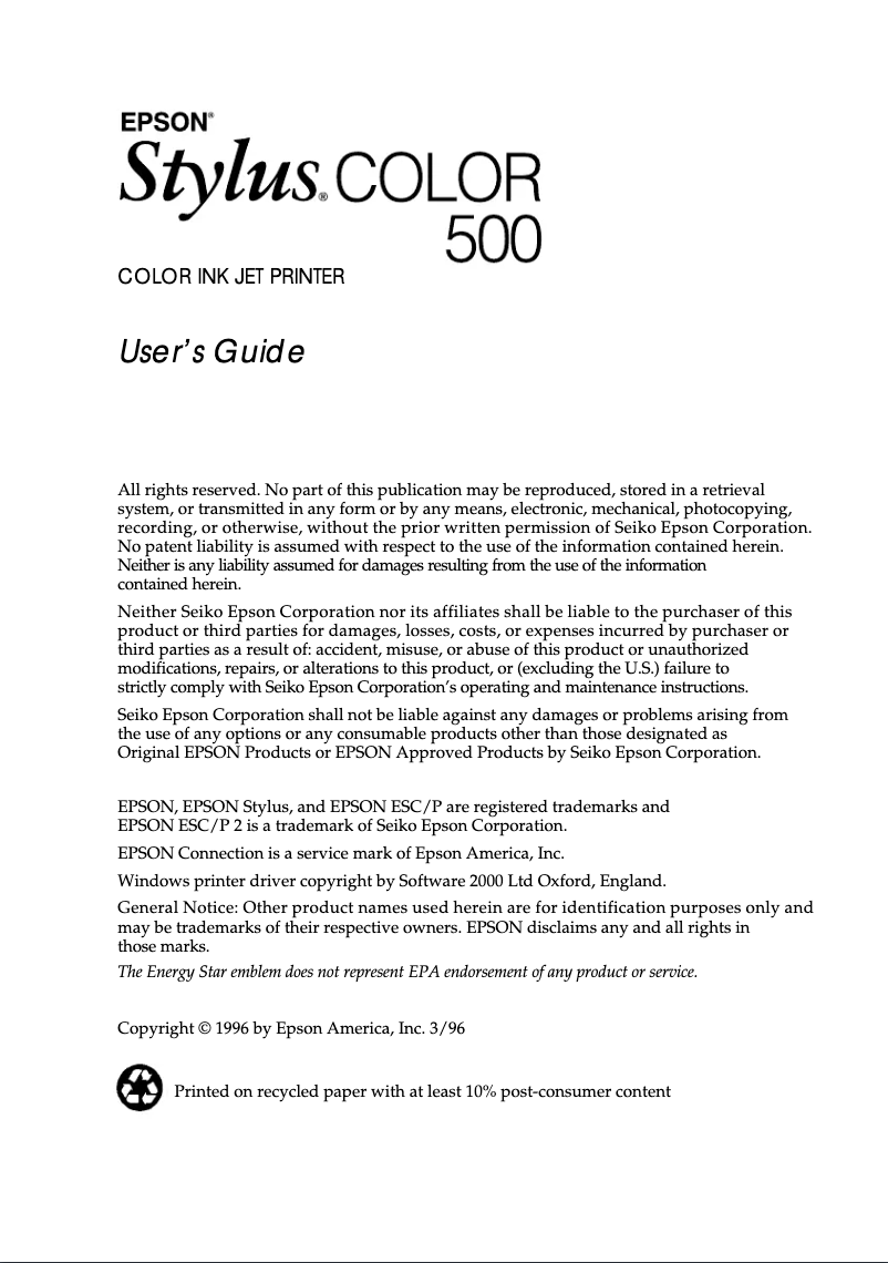 Page 1 de la notice Manuel utilisateur Epson Stylus Color 500
