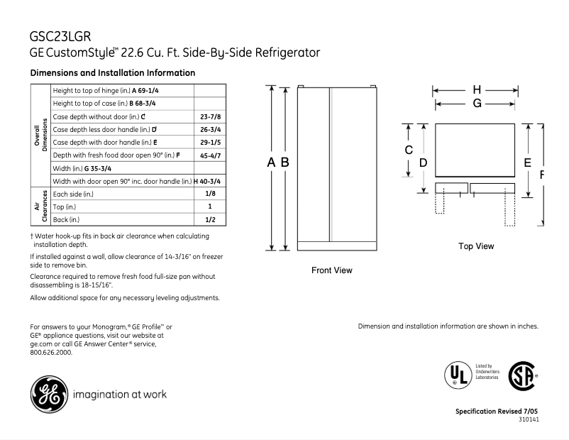 Page 1 de la notice Fiche technique GE CustomStyle GSC23LGRWW