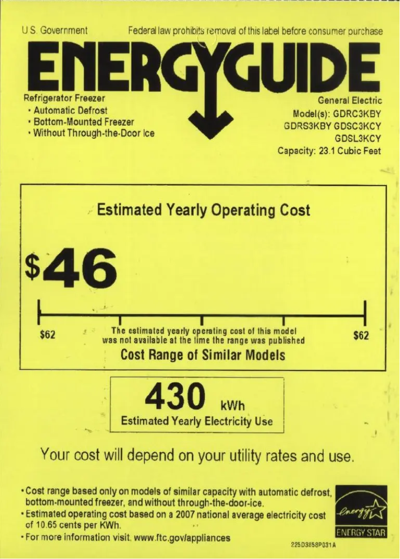 Page 1 of the manual Energy Label GE GDSC3KCYBB