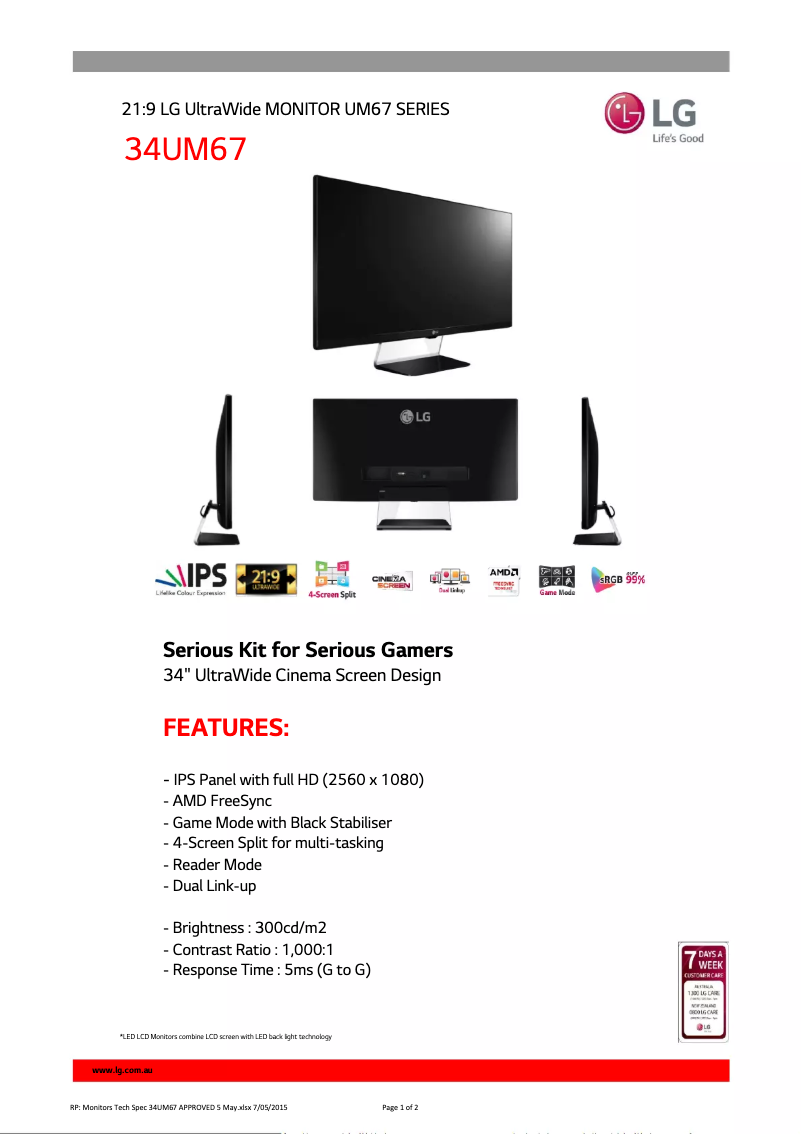 Page 1 de la notice Fiche technique LG 34UM67-P