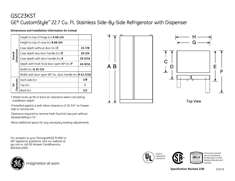 Page n°1 - Fiche technique GE GSC23KSTSS