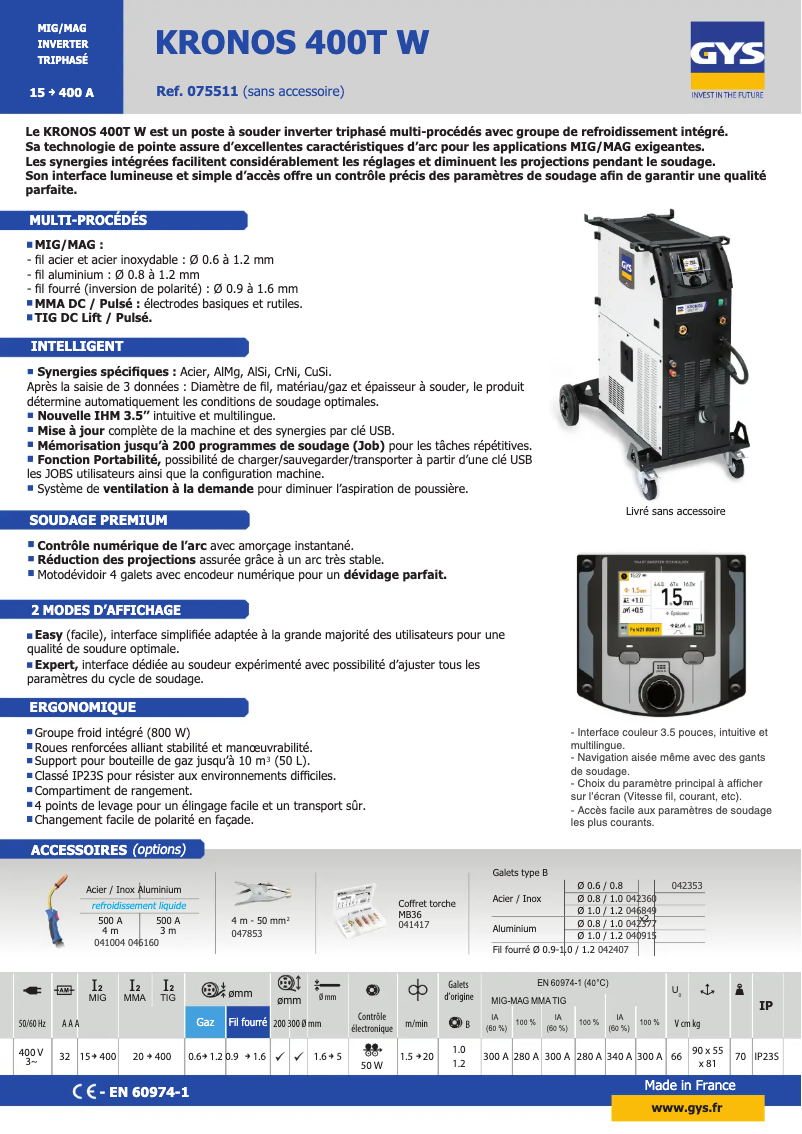 Página 1 del manual Ficha técnica GYS Kronos 400T W