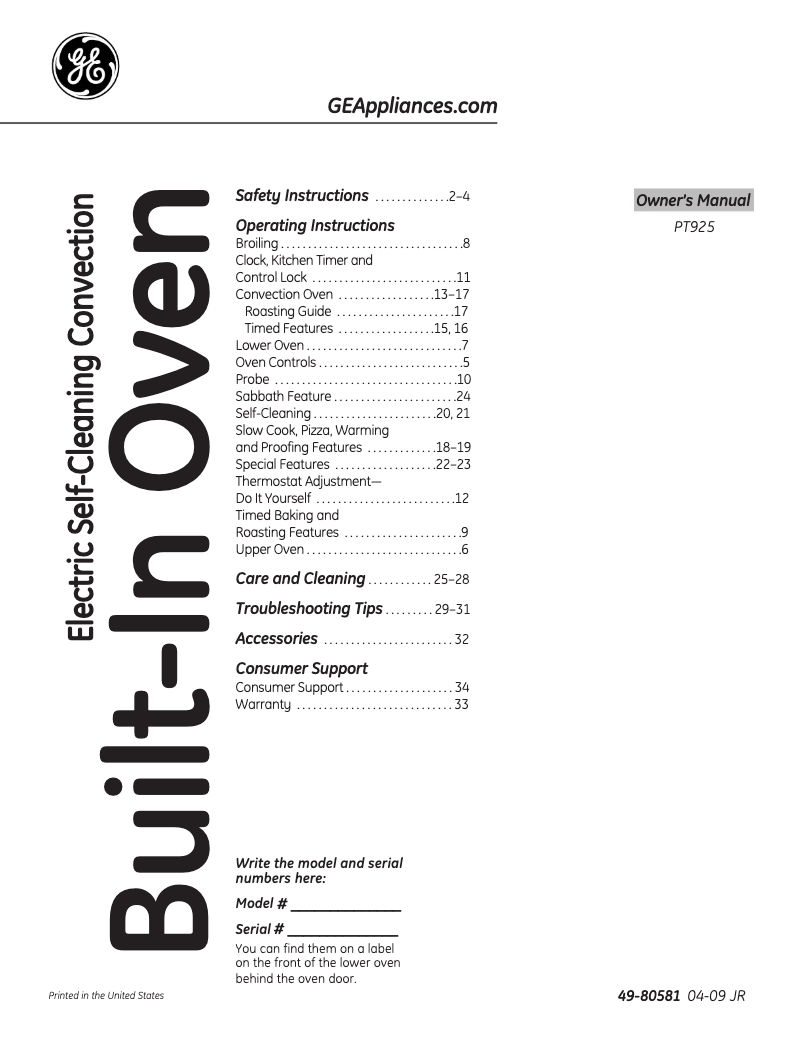 Page 1 of the manual User Manual GE PT925