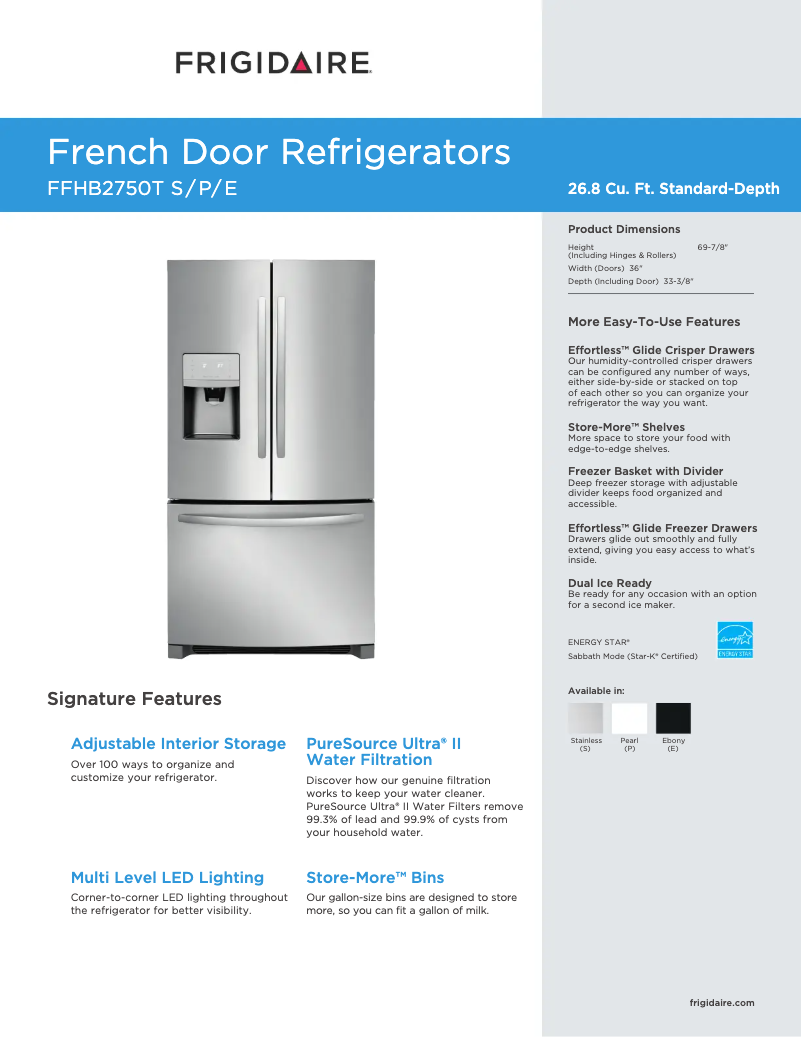 Page 1 de la notice Fiche technique Frigidaire FFHB2750TE