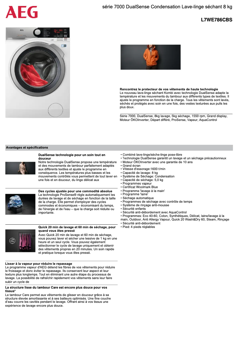 Page 1 de la notice Fiche technique AEG L7WE786CBS