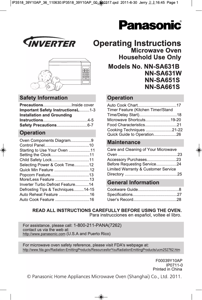 Page 1 de la notice Manuel utilisateur Panasonic NN-SA661S