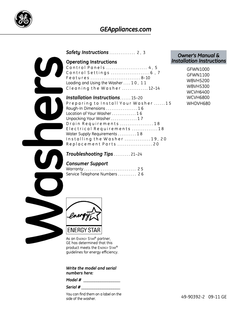 Page 1 de la notice Manuel d'utilisation et d'entretien GE WCVH6800JBB