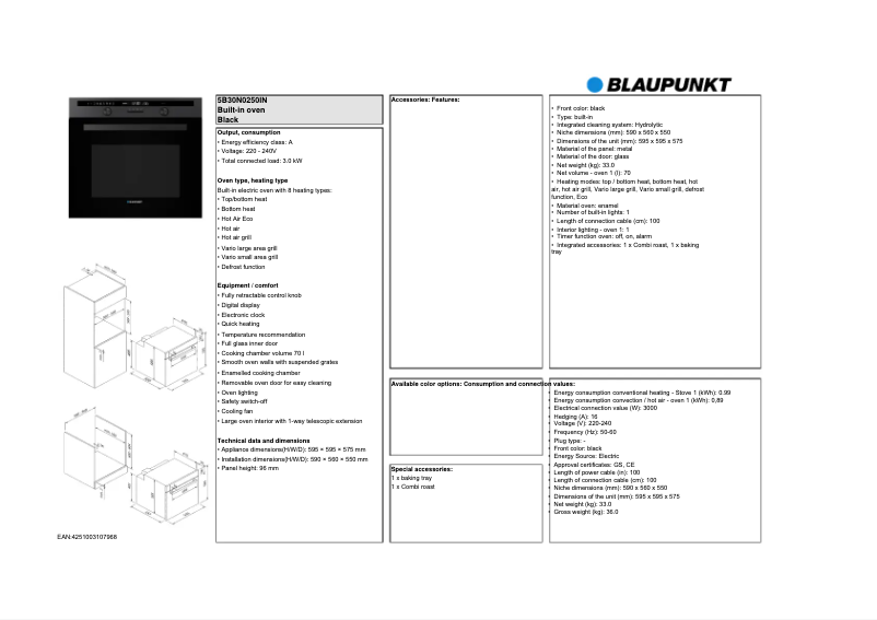 Page 1 de la notice Fiche technique Blaupunkt 5B30N0250IN