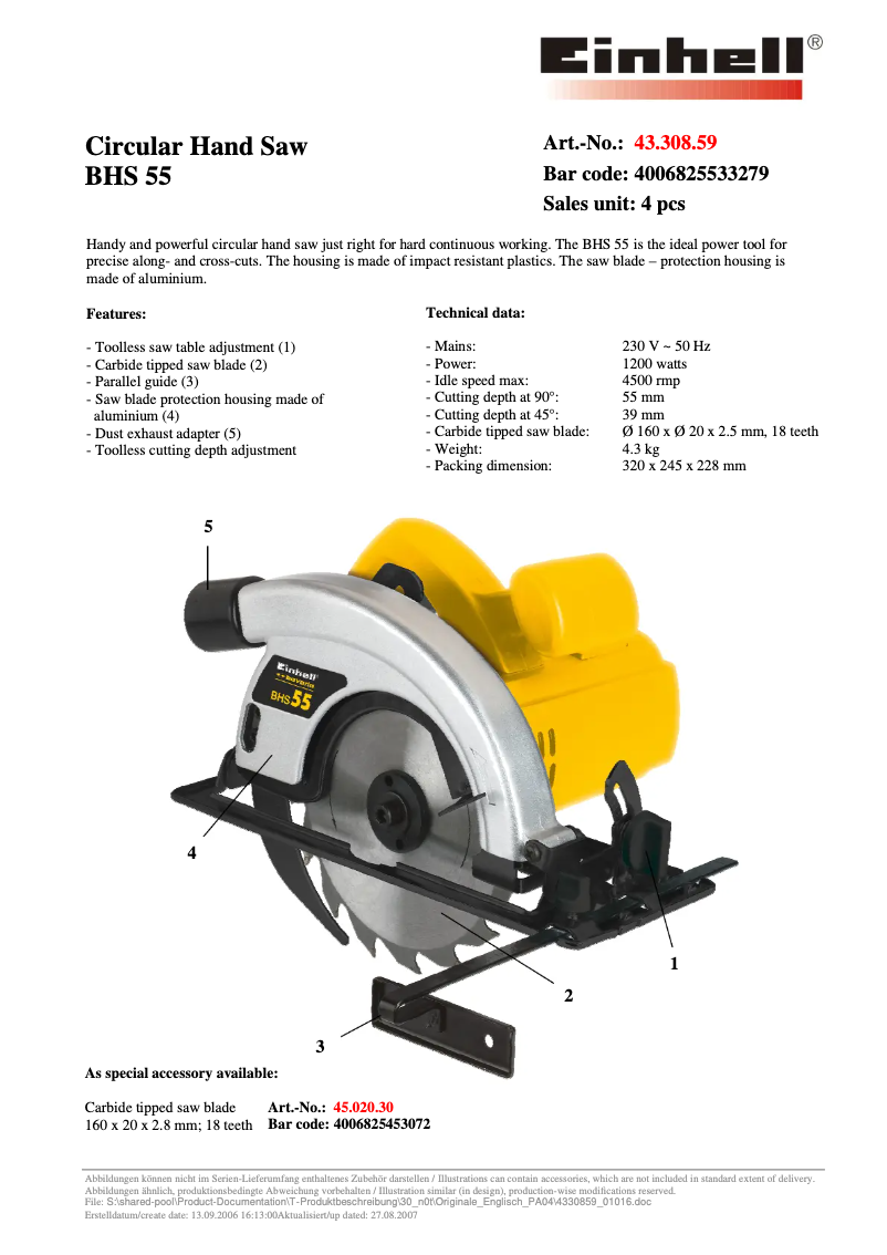Page 1 de la notice Fiche technique Bavaria by Einhell BHS 55