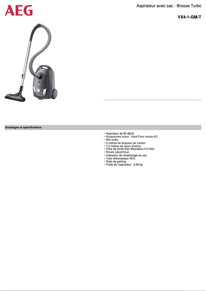 Página 1 del manual Ficha técnica AEG VX4-1-GM-T