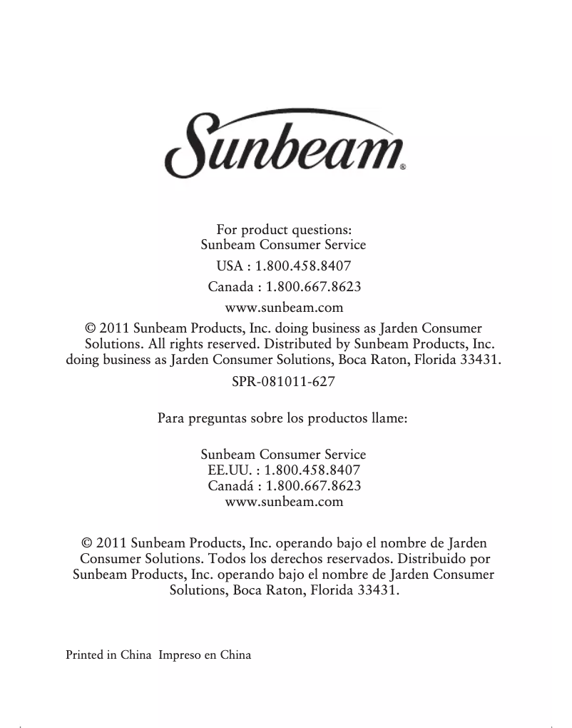 Page 1 de la notice Manuel utilisateur Sunbeam FPSBSM21MK