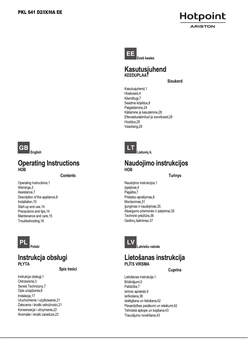 Page 1 de la notice Manuel utilisateur Hotpoint Ariston PKL 641 D2/IX/HA EE