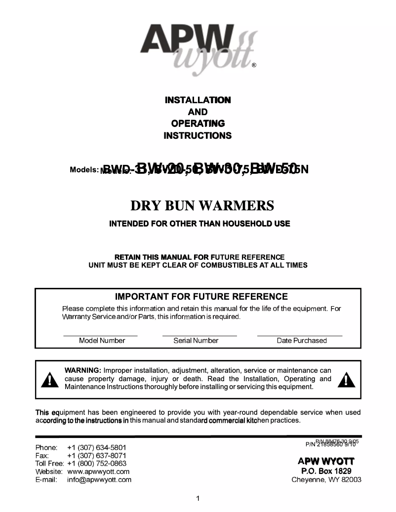 Page 1 de la notice Manuel utilisateur APW Wyott BWD-50