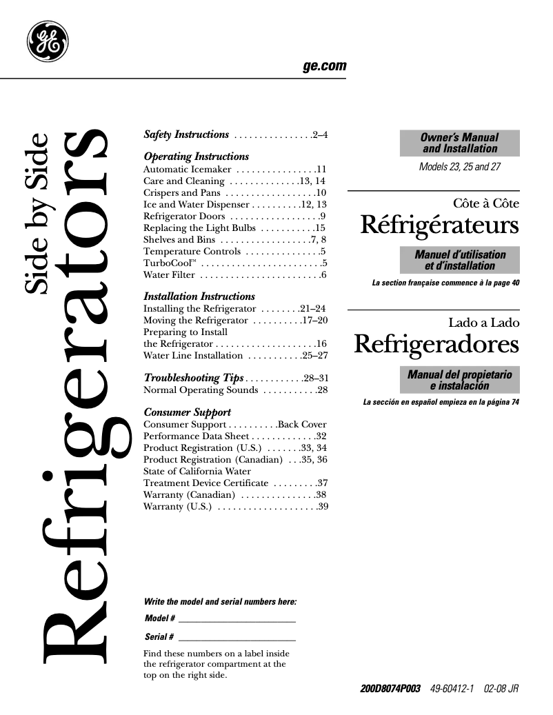 Page n°1 - Guide d'installation GE Profile CustomStyle PSI23MGRCV