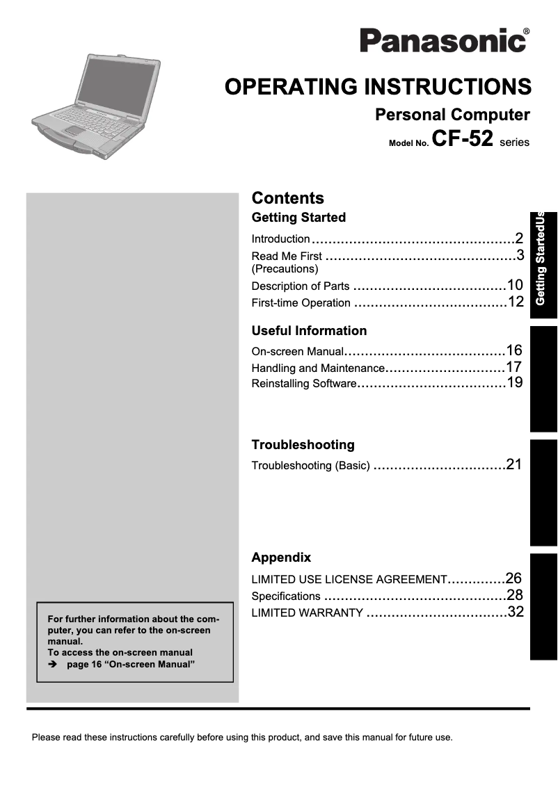 Page 1 de la notice Manuel utilisateur Panasonic CF-52MLBBUQD