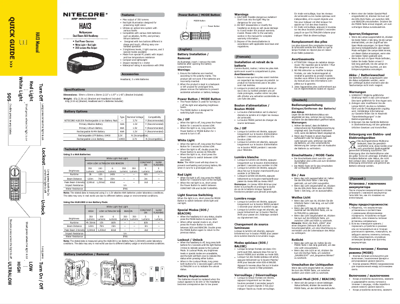 Page 1 de la notice Manuel utilisateur Nitecore HA13