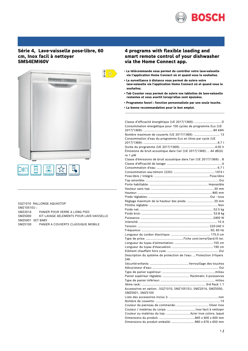 Page 1 de la notice Fiche technique Bosch SMS4EMI60V