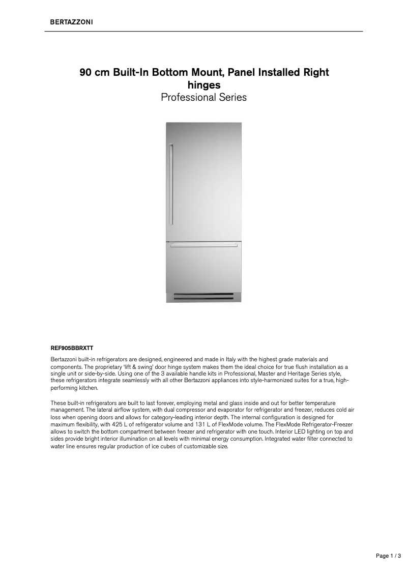 Page 1 de la notice Fiche technique Bertazzoni REF905BBRXTT