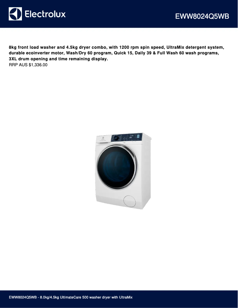 Page 1 de la notice Fiche technique Electrolux EWW8024Q5WB
