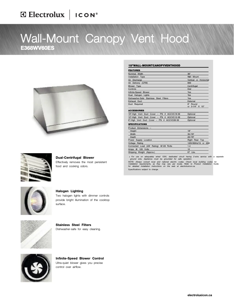 Página 1 del manual Ficha técnica Electrolux E368WV60ES