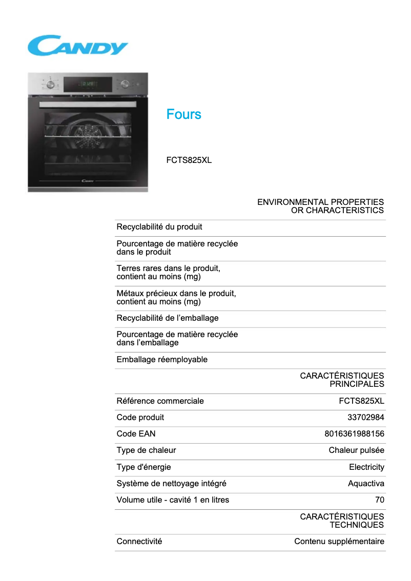 Página 1 del manual Ficha técnica Candy FCTS825XL