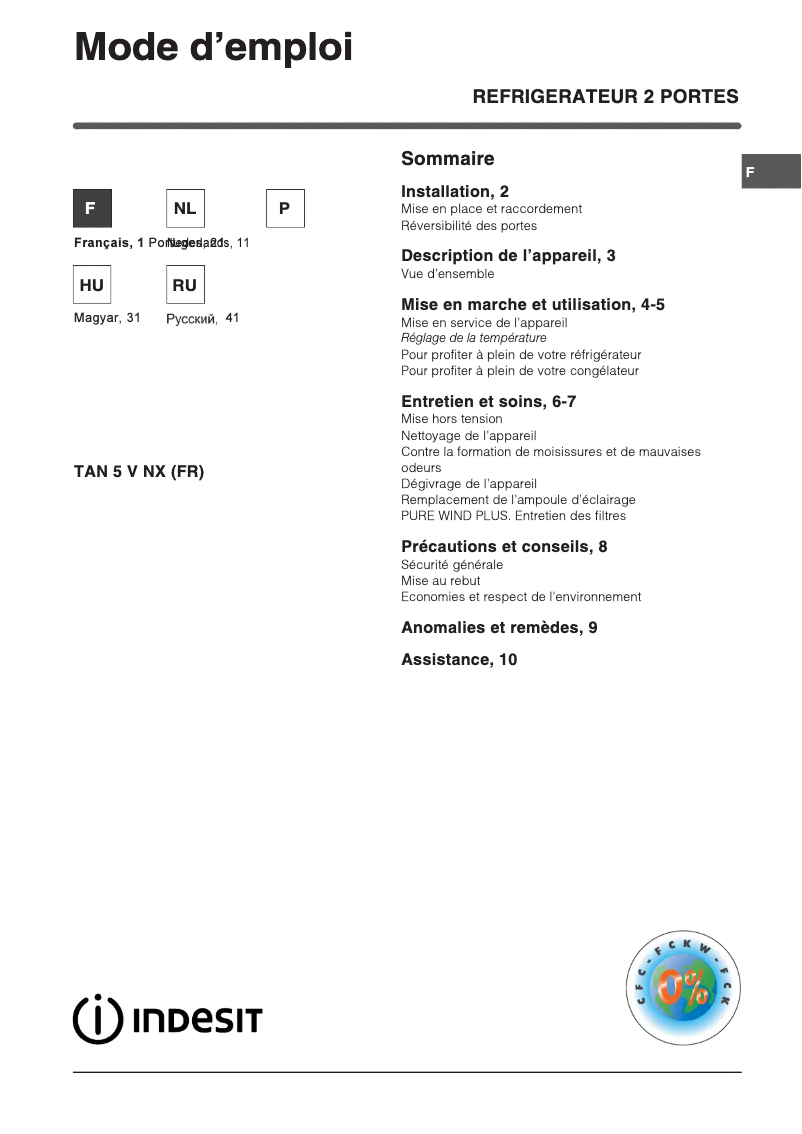 Page n°1 - Manuel utilisateur Indesit TAN 5 V NX (FR)