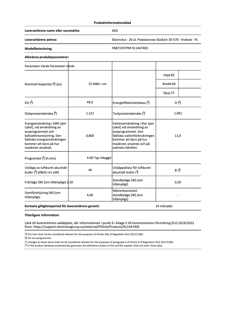 Page 1 de la notice Fiche technique AEG FBB73707PM
