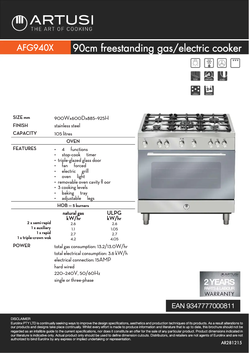 Page 1 of the manual Technical Sheet Artusi AFG940X