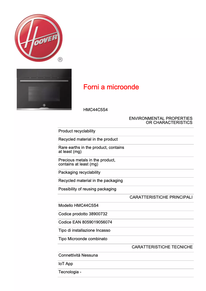 Página 1 del manual Ficha técnica Hoover HMC44C5S4