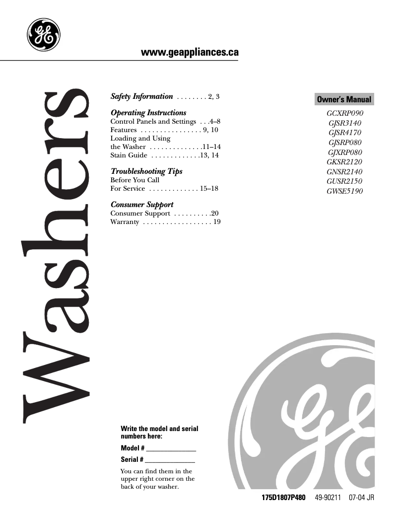 Page 1 de la notice Manuel utilisateur GE GWSE5190