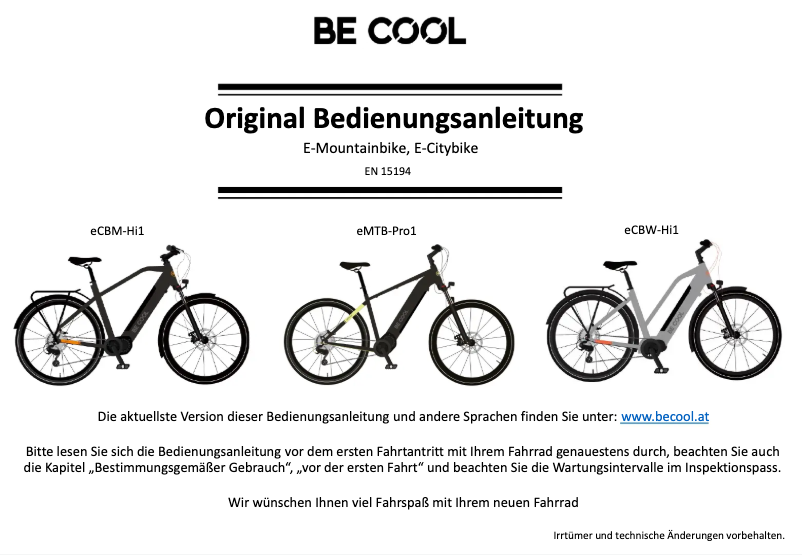 Page 1 de la notice Manuel utilisateur Be Cool eMTB-Pro1