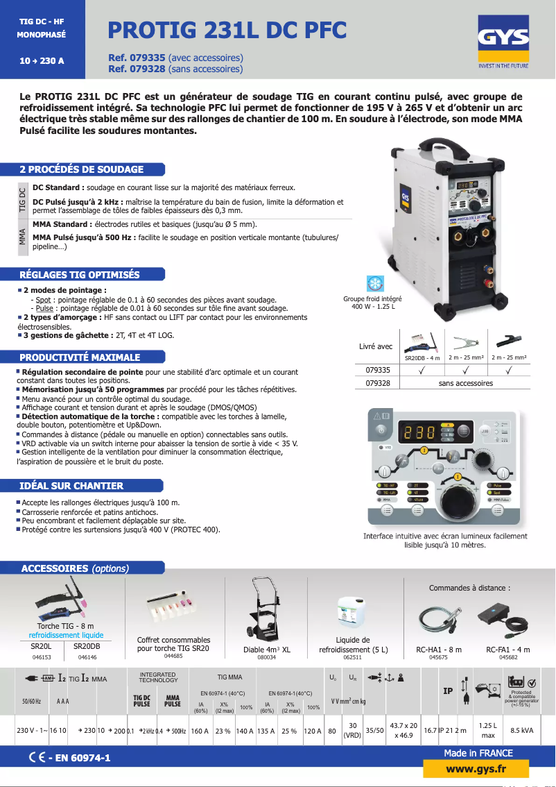 Page 1 de la notice Fiche technique GYS Protig 231L DC PFC